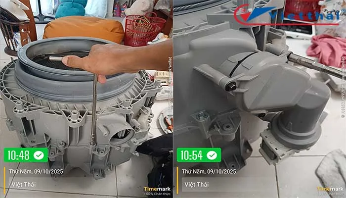 Sử dụng máy hỗ trợ vặn ốc vít nhưng vẫn phải dùng tay kiểm tra vặn lại chắc chắn. Sau đó ráp cụm bơm xả nước thải máy giặt vào là xong phần lồng giặt.