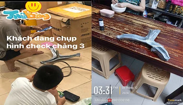 Khách hàng kiểm tra linh kiện chảng ba máy giặt electrolux trước khi tiến hành công việc sửa chữa