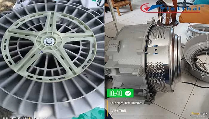 Dùng tuýt chữ L 17 xiết bằng tay gắn chặt ốc buli vào trục chảng ba. Sau đó dùng tay quay thử lông inox nhiều vòng, nếu nghe tiếng lồng quay êm là đạt yêu cầu.