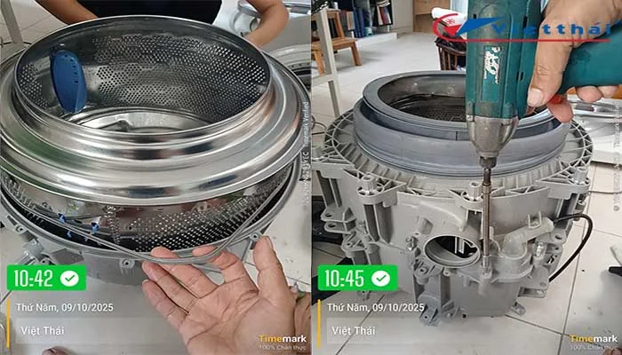 Gắn đúng chiều gioăng giữa 2 nửa lồng nhựa, sau đó xiết ốc 2 nửa lồng giặt bằng nhựa chứa nước. Lưu ý KTV xiết đều 4 con ốc 4 góc trước sau đó mới xiết hết các ốc vòng quanh lồng giặt; phải làm thật cẩn thận chắc chắn tránh bị xỳ nước.