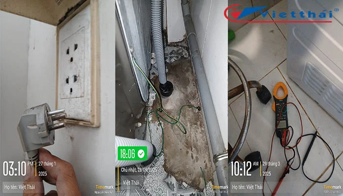 Việt Thái nối giúp tiếp địa vỏ máy giặt đề phòng máy bj dò điện rất nguy hiểm cho người sử dụng