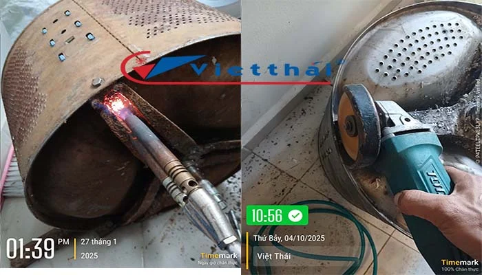 Sử dụng khò hoặc máy cắt để tháo chảng ba máy giặt bị hỏng