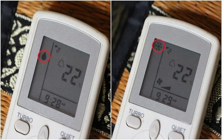 Chế độ dry biểu tượng trên remoete là hình giọt nước (ảnh trái)