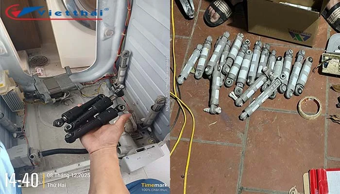 Việt Thái tặng khách hàng 1 bộ phuộc máy giặt electrolux màu trắng hàng zin tháo máy chính hãng thay thế bộ phuộc màu đen bị mòn giúp máy hoạt động êm hơn