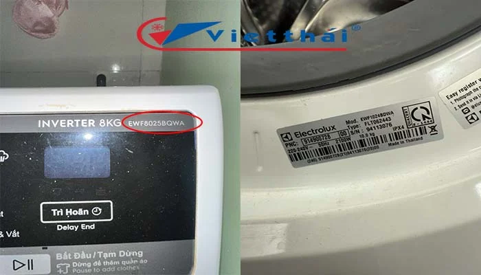 Model máy giặt electrolux ở phía trên bên phải hoặc ở tem dưới cánh cửa